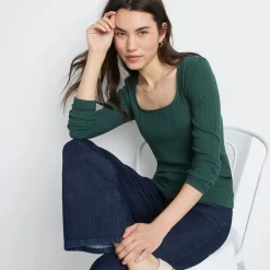 Baumwoll/Modal-Rippshirt mit eckigem Ausschnitt für Damen