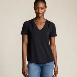 Baumwoll-Modal-Shirt mit V-Ausschnitt und Spitzenbesatz