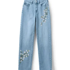 Bestickte Soft Denim Relaxte Straight Fit Jeans Mid Waist für Damen
