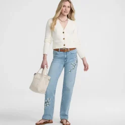 Bestickte Soft Denim Relaxte Straight Fit Jeans Mid Waist für Damen