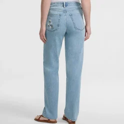Bestickte Soft Denim Relaxte Straight Fit Jeans Mid Waist für Damen