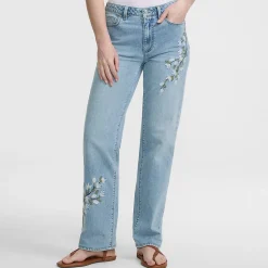 Bestickte Soft Denim Relaxte Straight Fit Jeans Mid Waist für Damen