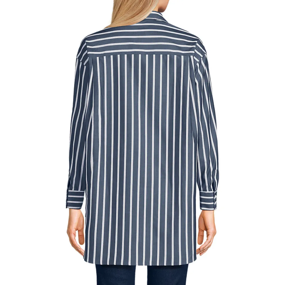 Bügelfreie, lange Baumwoll-Hemdbluse für Damen