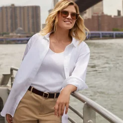 Bügelfreie, lange Baumwoll-Hemdbluse für Damen