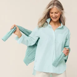 Bügelfreie, lange Baumwoll-Hemdbluse für Damen