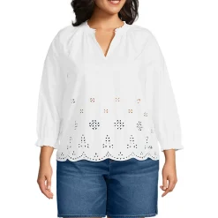 Bluse mit Lochmuster und geschlitztem Ausschnitt für Damen in Plus-Größe