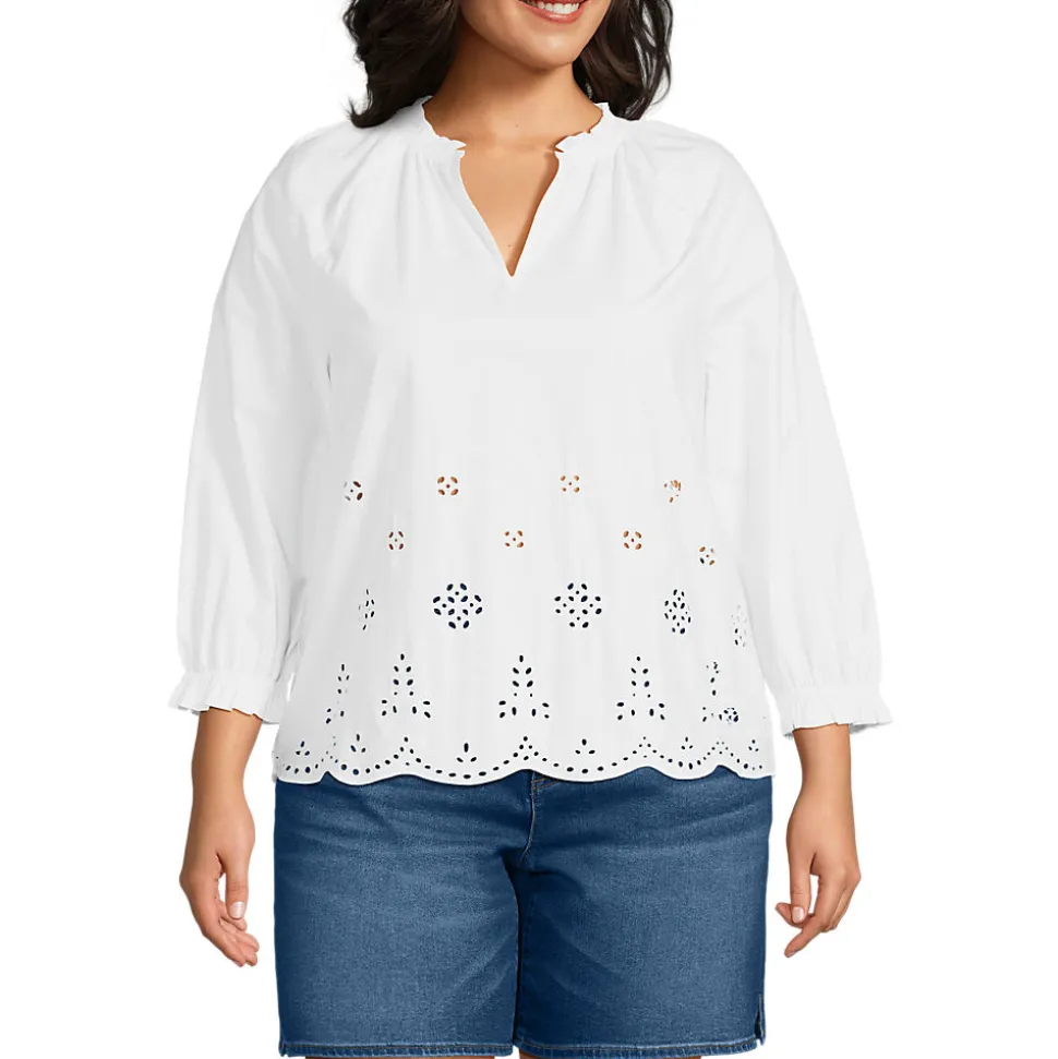 Bluse mit Lochmuster und geschlitztem Ausschnitt für Damen in Plus-Größe