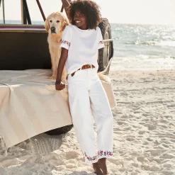 Farbige knöchellange High Waist Barrel-Jeans