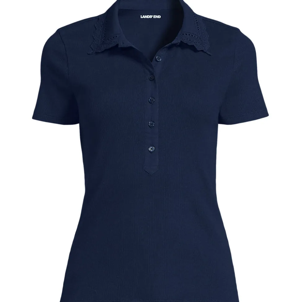 Feinripp-Poloshirt mit Lochmusterkragen
