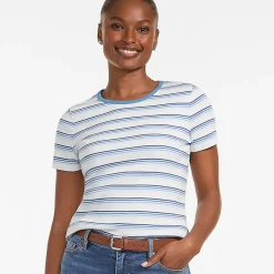 Feinripp-Shirt mit Rundhalsausschnitt und kurzen Ärmeln für Damen