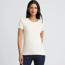 Feinripp-Shirt mit Rundhalsausschnitt und kurzen Ärmeln für Damen