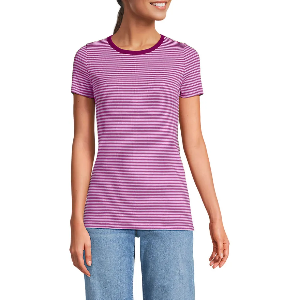 Feinripp-Shirt mit Rundhalsausschnitt und kurzen Ärmeln für Damen