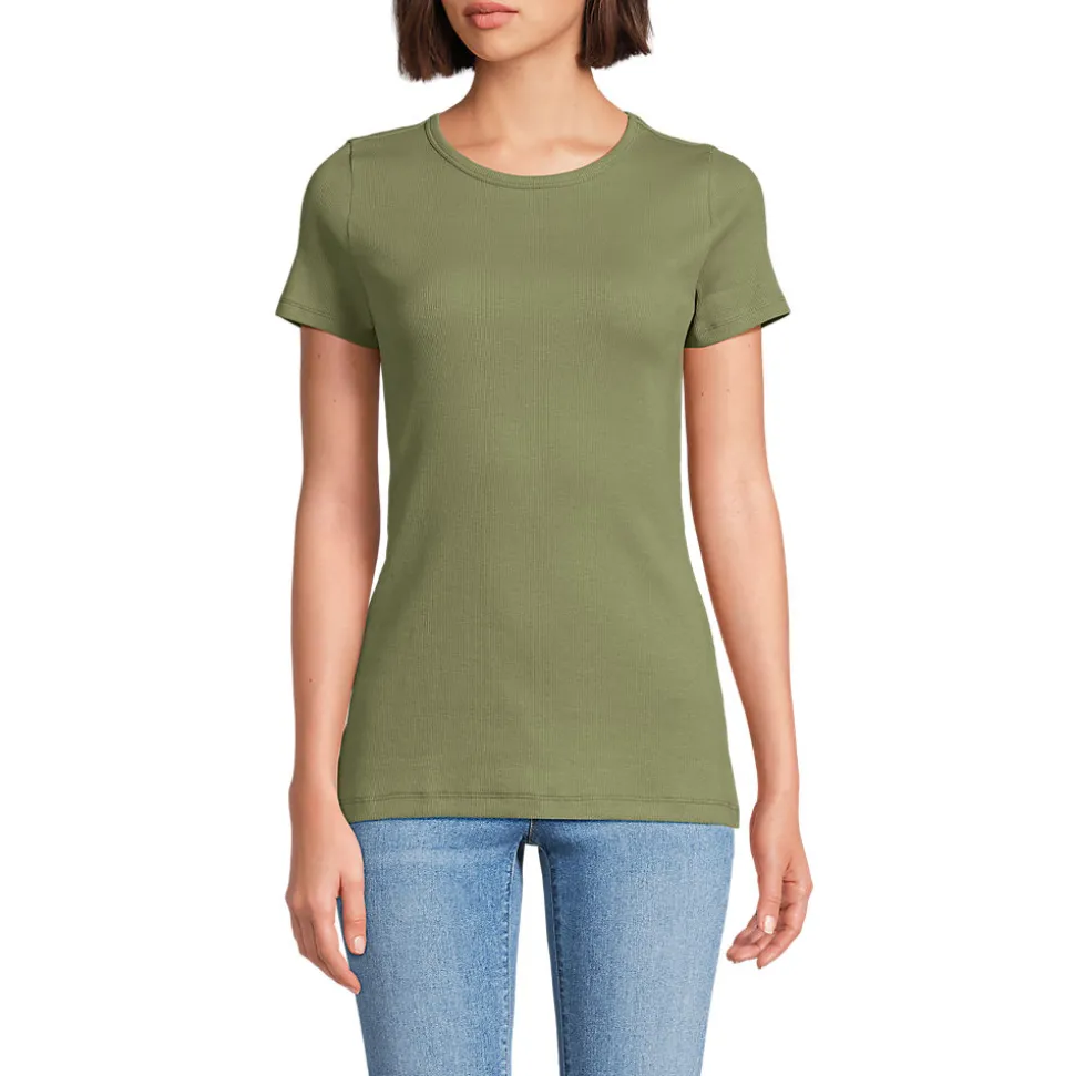 Feinripp-Shirt mit Rundhalsausschnitt und kurzen Ärmeln für Damen