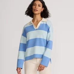 Feinstrick-Polopullover mit Rugbystreifen für Damen