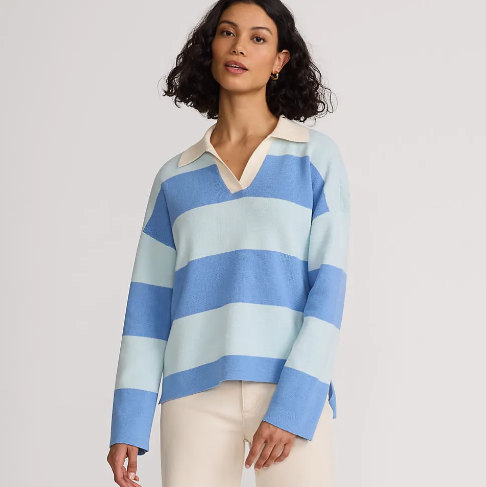 Feinstrick-Polopullover mit Rugbystreifen für Damen