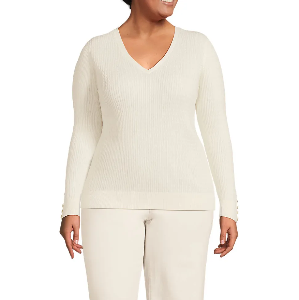 Feinstrick-Zopfmusterpullover mit V-Ausschnitt für Damen in Plus-Größe