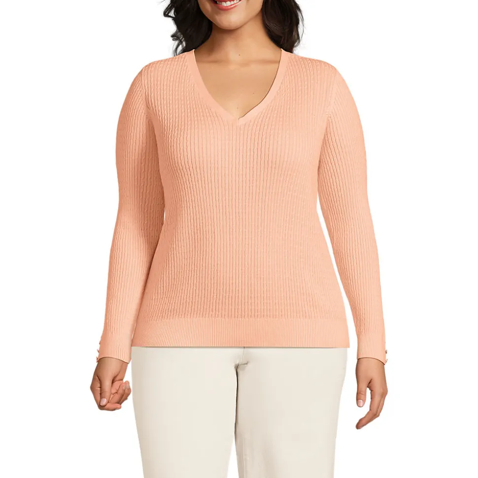 Feinstrick-Zopfmusterpullover mit V-Ausschnitt für Damen in Plus-Größe