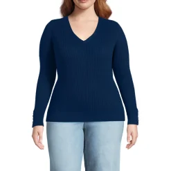 Feinstrick-Zopfmusterpullover mit V-Ausschnitt für Damen in Plus-Größe