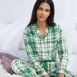 Gemustertes Pyjamahemd aus reinem Baumwoll-Flanell für Damen