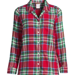 Gemustertes Pyjamahemd aus reinem Baumwoll-Flanell für Damen