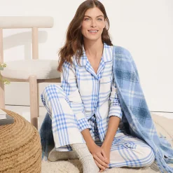 Gemustertes Pyjamahemd aus reinem Baumwoll-Flanell für Damen