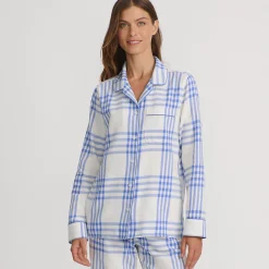 Gemustertes Pyjamahemd aus reinem Baumwoll-Flanell für Damen
