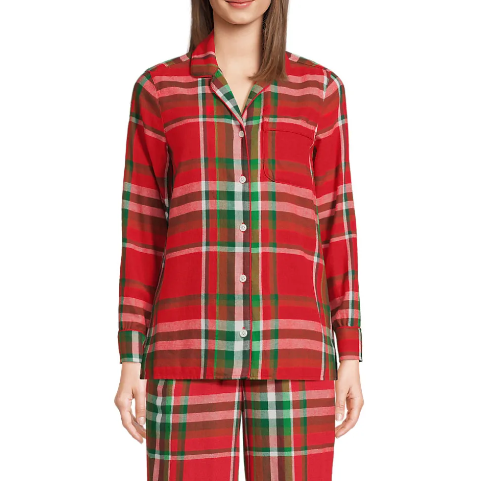 Gemustertes Pyjamahemd aus reinem Baumwoll-Flanell für Damen