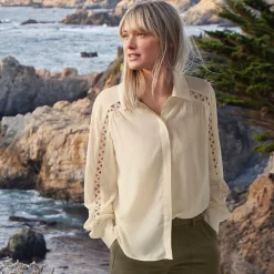 Geraffte Bluse aus Voile mit Spitzeneinsätzen für Damen