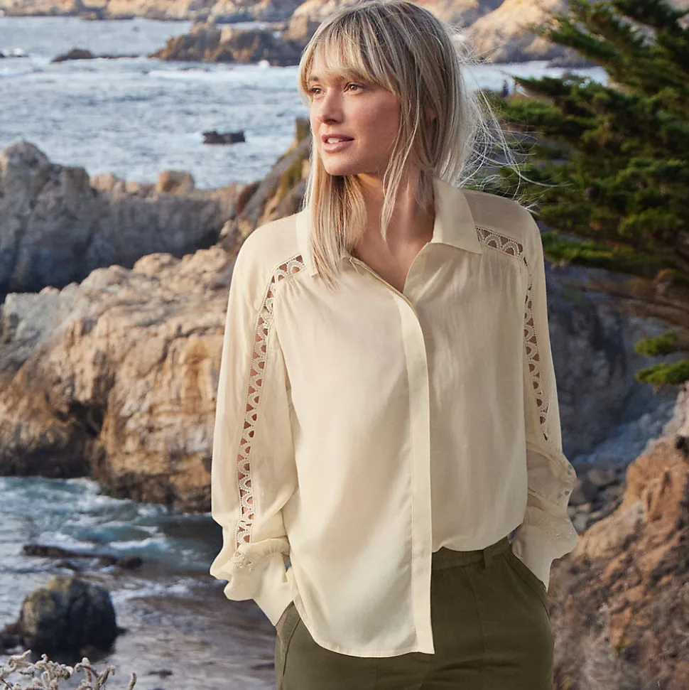 Geraffte Bluse aus Voile mit Spitzeneinsätzen für Damen