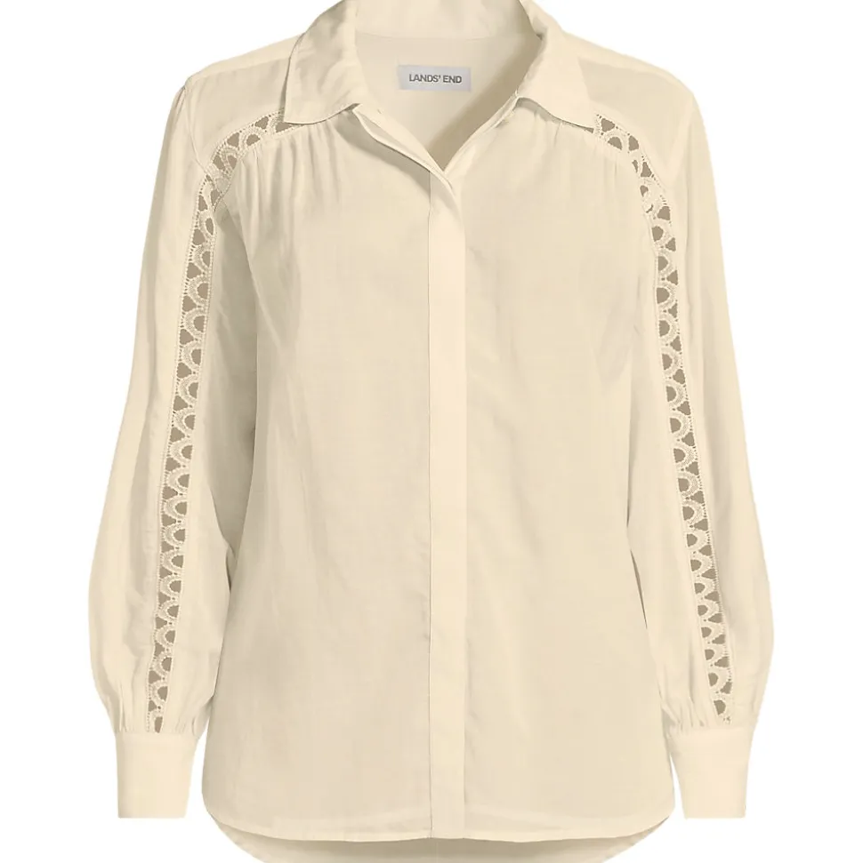 Geraffte Bluse aus Voile mit Spitzeneinsätzen für Damen