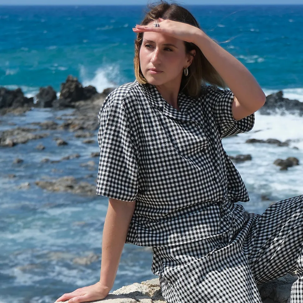 Gingham-Bluse mit kurzen Ärmeln für Damen