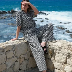Gingham-Hose mit weitem Bein für Damen