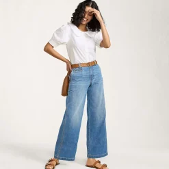 Knöchellange Mid Waist Jeans mit weitem Bein