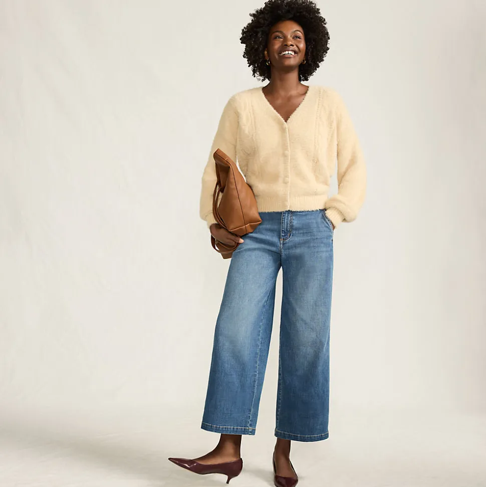 Knöchellange Mid Waist Jeans mit weitem Bein