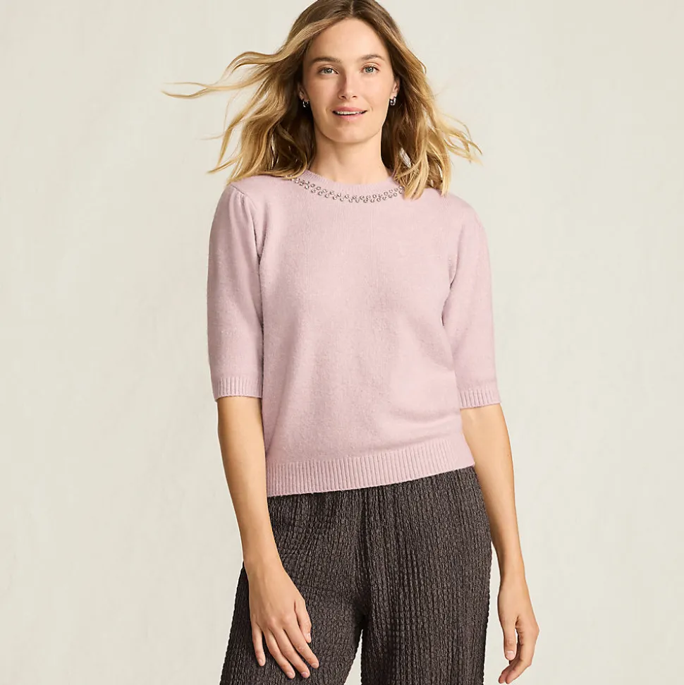 Kurzarm-Pullover Wool Touch mit Strassverzierung für Damen