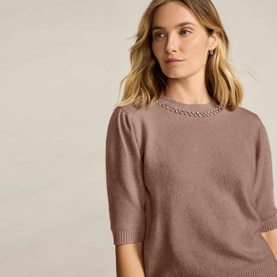 Kurzarm-Pullover Wool Touch mit Strassverzierung für Damen