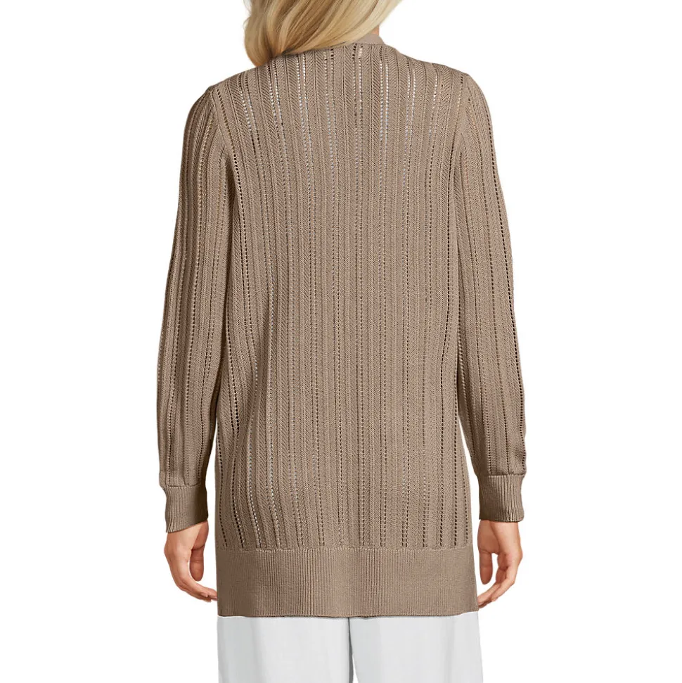 Langer offener Soft Flow Ajour-Cardigan aus Leinenmix für Damen