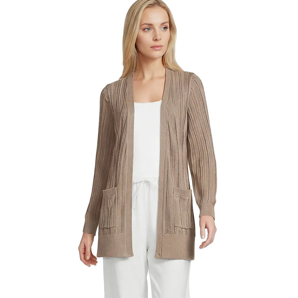 Langer offener Soft Flow Ajour-Cardigan aus Leinenmix für Damen