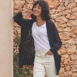 Langer offener Soft Flow Ajour-Cardigan aus Leinenmix für Damen