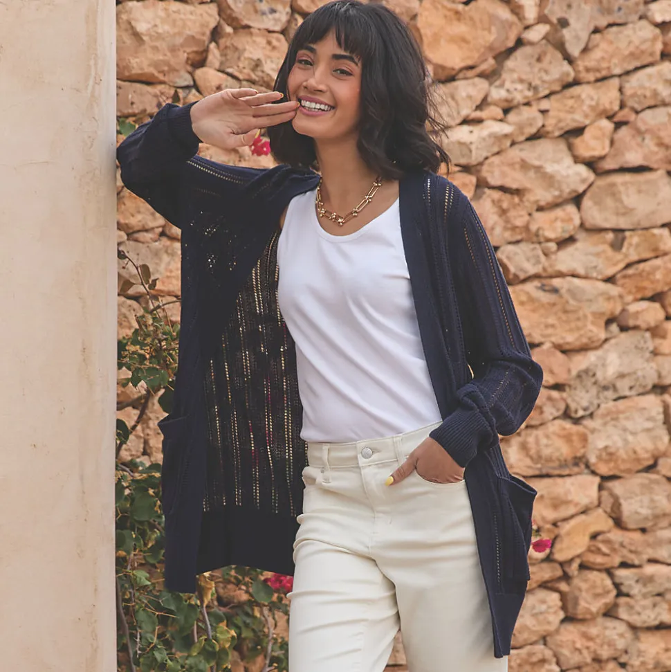 Langer offener Soft Flow Ajour-Cardigan aus Leinenmix für Damen