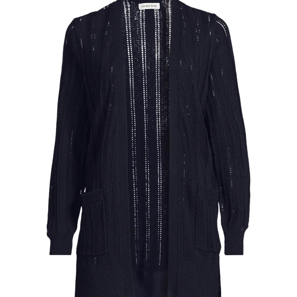 Langer offener Soft Flow Ajour-Cardigan aus Leinenmix für Damen