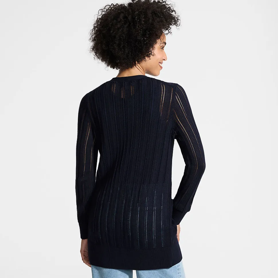 Langer offener Soft Flow Ajour-Cardigan aus Leinenmix für Damen