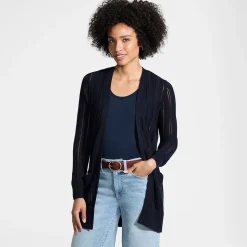 Langer offener Soft Flow Ajour-Cardigan aus Leinenmix für Damen