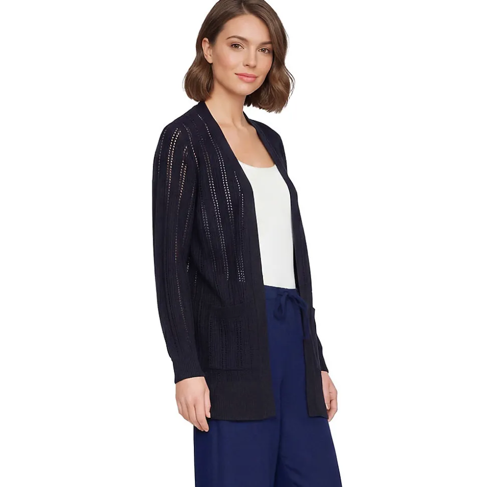 Langer offener Soft Flow Ajour-Cardigan aus Leinenmix für Damen