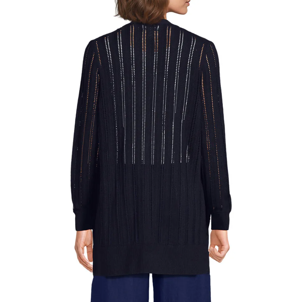 Langer offener Soft Flow Ajour-Cardigan aus Leinenmix für Damen