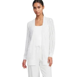 Langer offener Soft Flow Ajour-Cardigan aus Leinenmix für Damen