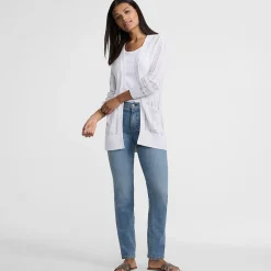 Langer offener Soft Flow Ajour-Cardigan aus Leinenmix für Damen
