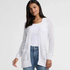 Langer offener Soft Flow Ajour-Cardigan aus Leinenmix für Damen