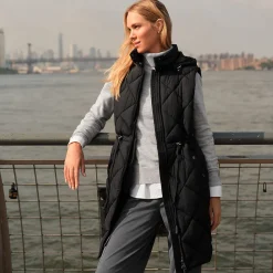 Lange Steppweste mit geraffter Taille für Damen