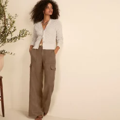 Leinen-Cargohose mit weitem Bein für Damen